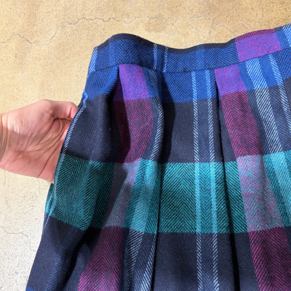 Vintage DVF Plaid Midi Skirt Blue Turquoise Purple Jewel Tone Pleated 16 Large - Picture 3 of 7